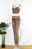 Apricot Sexy Patchwork Backless Spaghetti Strap Sleeveless Two Pieces