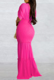 Red Casual Solid Patchwork Backless V Neck Long Dress Dresses