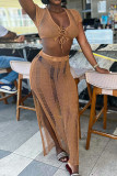 Khaki Sexy Leopard Hollowed Out High Opening Cross Straps U Neck Short Sleeve Two Pieces