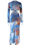 Blue Sexy Print Hollowed Out V Neck Long Sleeve Dresses