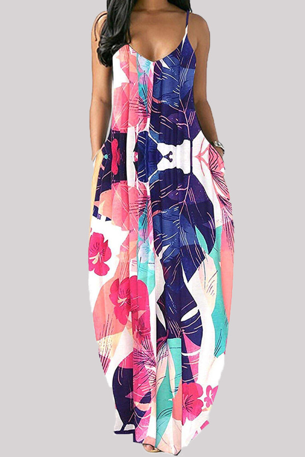 Leaf Print Sweet Print Floral Patchwork Backless Spaghetti Strap A Line Dresses