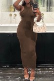 Coffee Sexy Casual Solid Basic O Neck Long Dress Dresses