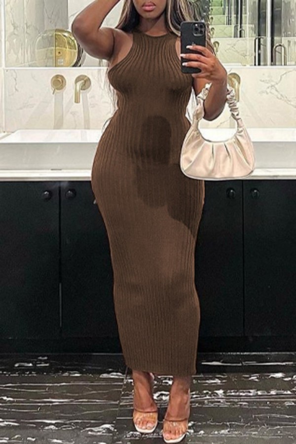 Coffee Sexy Casual Solid Basic O Neck Long Dress Dresses