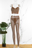 Apricot Sexy Patchwork Backless Spaghetti Strap Sleeveless Two Pieces
