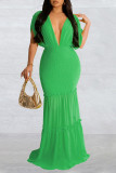 Red Casual Solid Patchwork Backless V Neck Long Dress Dresses