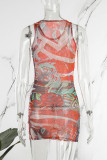 Orange Sexy Print Basic O Neck Vest Dress Dresses