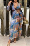Blue Sexy Print Hollowed Out V Neck Long Sleeve Dresses