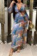 Blue Sexy Print Hollowed Out V Neck Long Sleeve Dresses