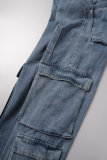 Light Blue Casual Solid Patchwork Mid Waist Straight Denim Jeans