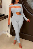 Grey Sexy Solid Hollowed Out Patchwork Oblique Collar Skinny Jumpsuits