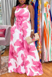 Pink Casual Vacation Simplicity Floral Vests Printing Square Collar Straight Jumpsuits