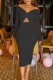 Black Sexy Casual Solid Hollowed Out V Neck Long Sleeve Dresses