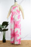 Pink Casual Vacation Simplicity Floral Vests Printing Square Collar Straight Jumpsuits
