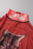 Red Sexy Print Patchwork Half A Turtleneck Skinny Jumpsuits