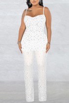White Sexy Patchwork Hot Drilling Backless Spaghetti Strap Skinny Jumpsuits (Subject To The Actual Object)