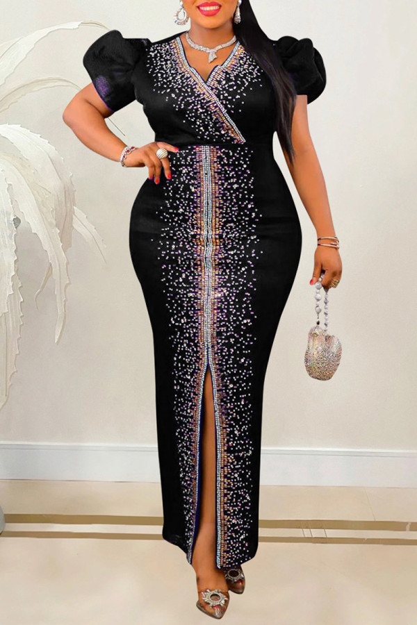 Black Casual Patchwork Hot Drilling Slit V Neck Long Dress Dresses