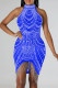 Blue Sexy Patchwork Hot Drilling Tassel Half A Turtleneck Sleeveless Dress Dresses