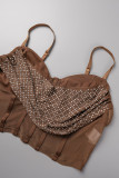 Apricot Sexy Patchwork Backless Spaghetti Strap Sleeveless Two Pieces