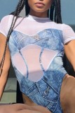 White Sexy Casual Print Patchwork O Neck Skinny Romper