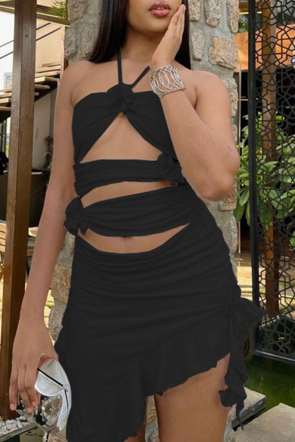 Black Sexy Solid Hollowed Out Backless Asymmetrical Halter Strapless Dress Dresses