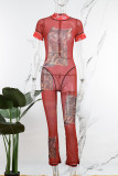 Red Sexy Print Patchwork Half A Turtleneck Skinny Jumpsuits