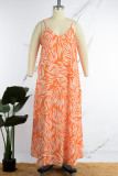 Orange Casual Vacation Basis Print Printing Spaghetti Strap Dresses