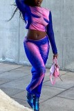 Powder Blue Sexy Casual Print See-through O Neck Long Sleeve Two Pieces