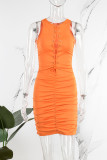 Orange Red Sexy Casual Solid Hollowed Out Fold O Neck Sleeveless Dress Dresses