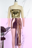 Gold Sexy Solid Patchwork Backless Strapless Sleeveless Two Pieces