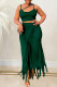 Army Green Sexy Casual Solid Tassel Patchwork Backless Spaghetti Strap Sleeveless Two Pieces