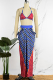 Blue Sexy Print Bandage Hollowed Out Patchwork Backless Halter Sleeveless Two Pieces