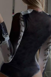 Pink Sexy Letter Patchwork Mesh O Neck Skinny Bodysuits