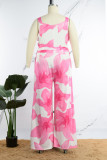 Pink Casual Vacation Simplicity Floral Vests Printing Square Collar Straight Jumpsuits