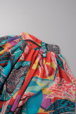 Red Casual Vacation Print Slit Fold Contrast Mandarin Collar Long Sleeve Two Pieces