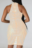 Red Sexy Patchwork Hot Drilling Tassel Half A Turtleneck Sleeveless Dress Dresses