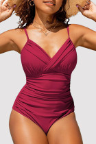 Brick Red Sexy Solid Backless Fold Swimwears (With Paddings)