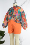 Red Casual Vacation Print Slit Fold Contrast Mandarin Collar Long Sleeve Two Pieces
