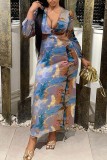Blue Sexy Print Hollowed Out V Neck Long Sleeve Dresses