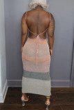 Pink Sexy Striped Bandage Backless Contrast Spaghetti Strap Dresses