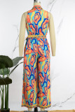 Pink Casual Print Patchwork Frenulum Turndown Collar Loose Jumpsuits(With Belt)
