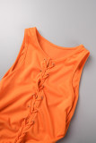 Orange Red Sexy Casual Solid Hollowed Out Fold O Neck Sleeveless Dress Dresses