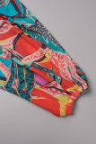 Red Casual Vacation Print Slit Fold Contrast Mandarin Collar Long Sleeve Two Pieces