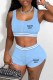 Sky Blue Sportswear Print Letter U Neck Sleeveless Two Pieces