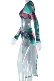 Green Street Print Hollowed Out Patchwork High Opening O Neck Irregular Dress Dresses