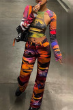 Multicolor Street Print Hollowed Out Patchwork O Neck High Waist Tops