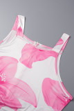 Pink Casual Vacation Simplicity Floral Vests Printing Square Collar Straight Jumpsuits