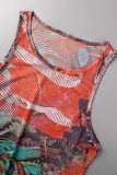 Orange Sexy Print Basic O Neck Vest Dress Dresses