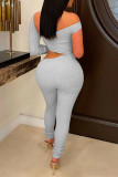 Grey Sexy Solid Hollowed Out Patchwork Oblique Collar Skinny Jumpsuits