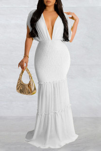 White Casual Solid Patchwork Backless V Neck Long Dress Dresses