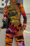 Multicolor Street Print Hollowed Out Patchwork O Neck High Waist Tops